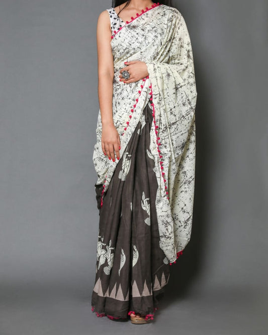 Naira soft cotton sarees- white & taupe dual