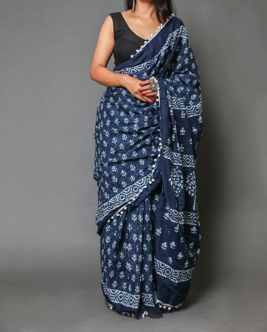Naira soft cotton sarees- navy royal ajrakh