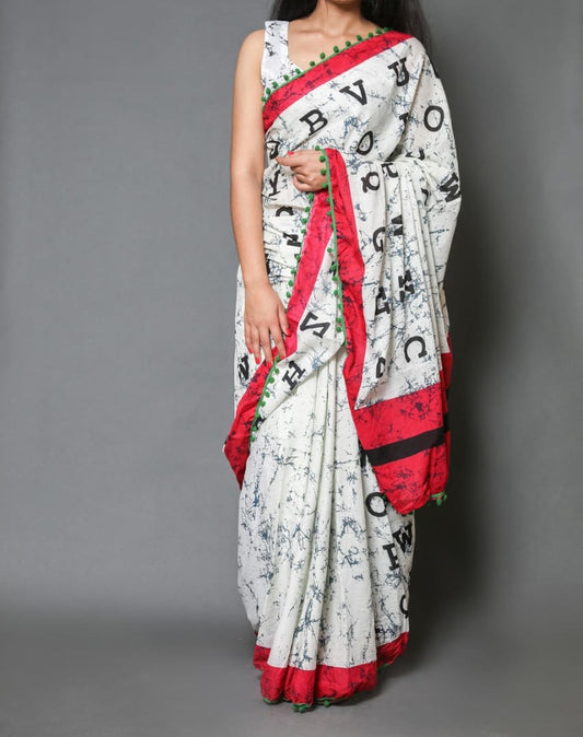 Naira soft cotton sarees- alphabets white & red