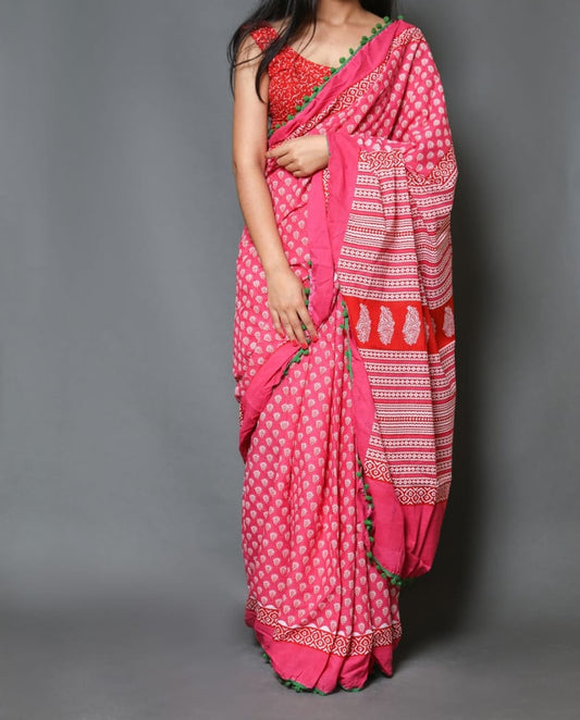 Naira soft cotton sarees- bubblegum pink mini flowers