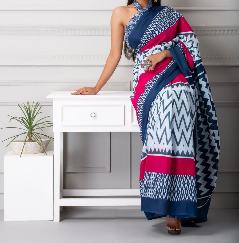 Mira soft cotton sarees- zigzag blue & pink