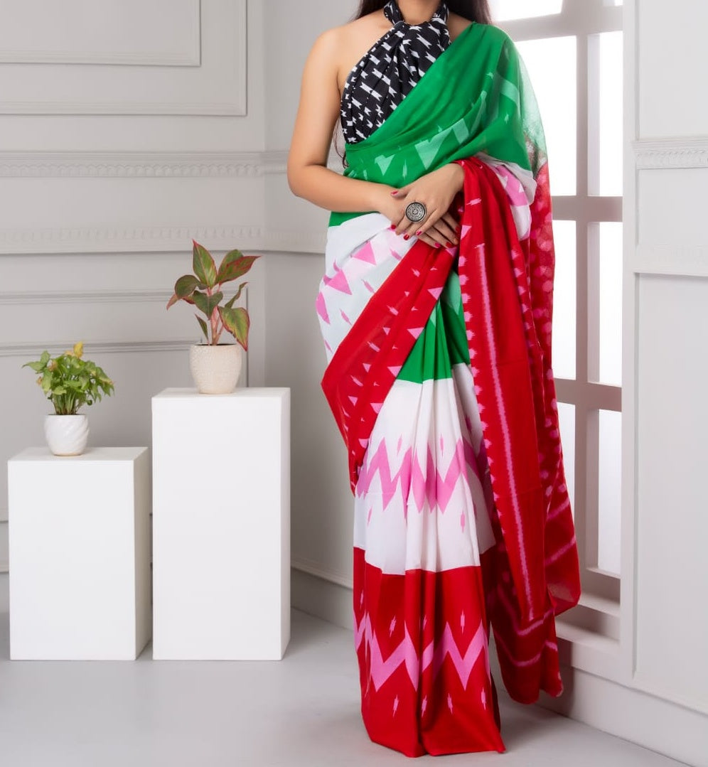 Mira soft cotton sarees- Triad half green white & red