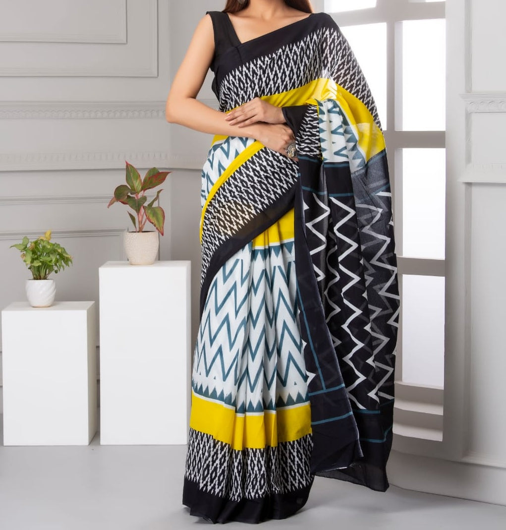 Mira soft cotton sarees- grey & yellow stripes