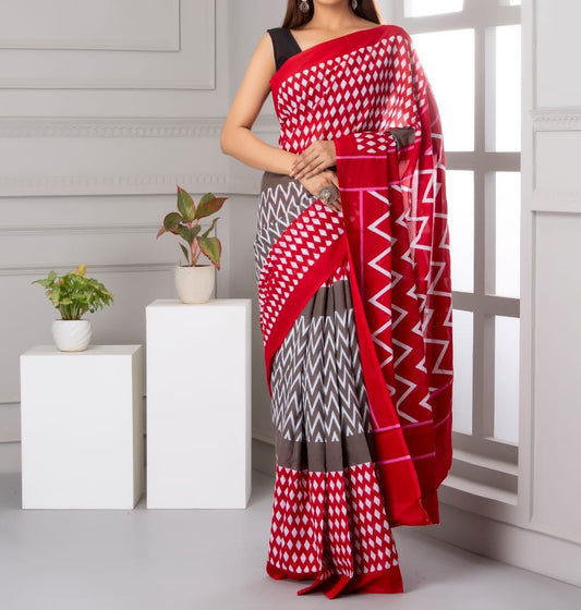 Mira soft cotton sarees- red & grey wavy