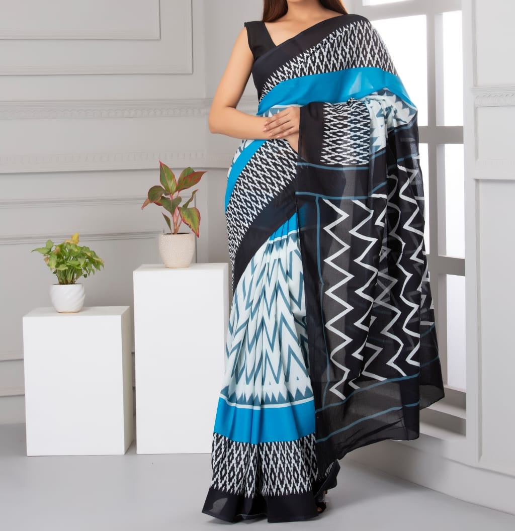 Mira soft cotton sarees- fresh blue & black