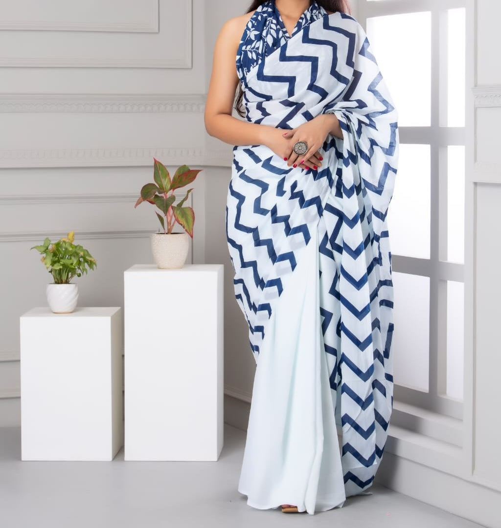 Mira soft cotton sarees- white & navy dual