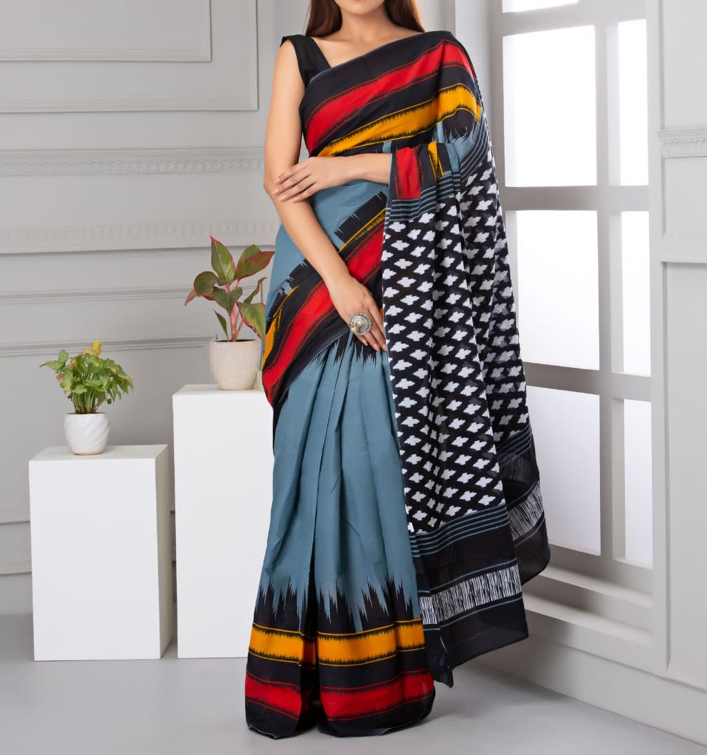 Mira soft cotton sarees- mukam grey & black red