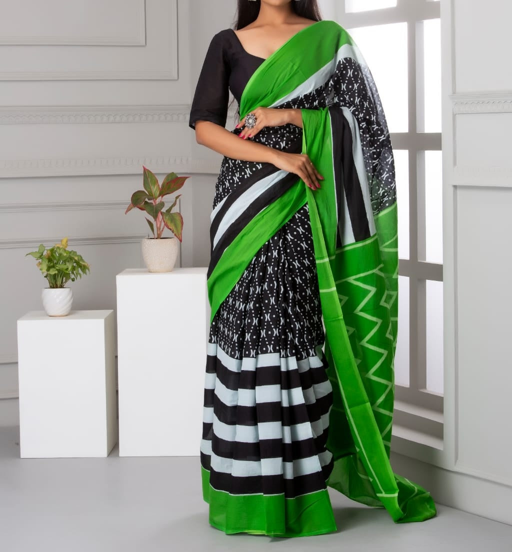 Mira soft cotton sarees- black fresh green