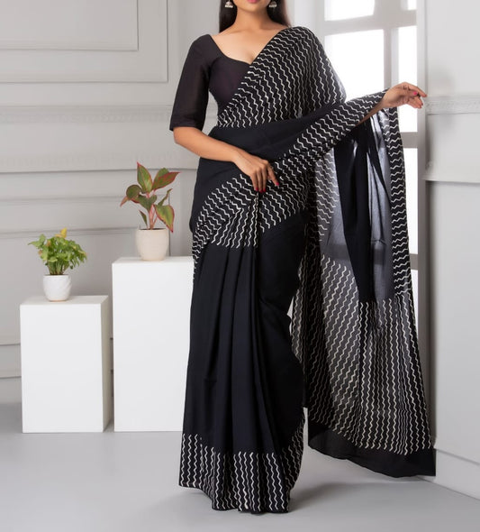 Mira soft cotton sarees- royal black wavy