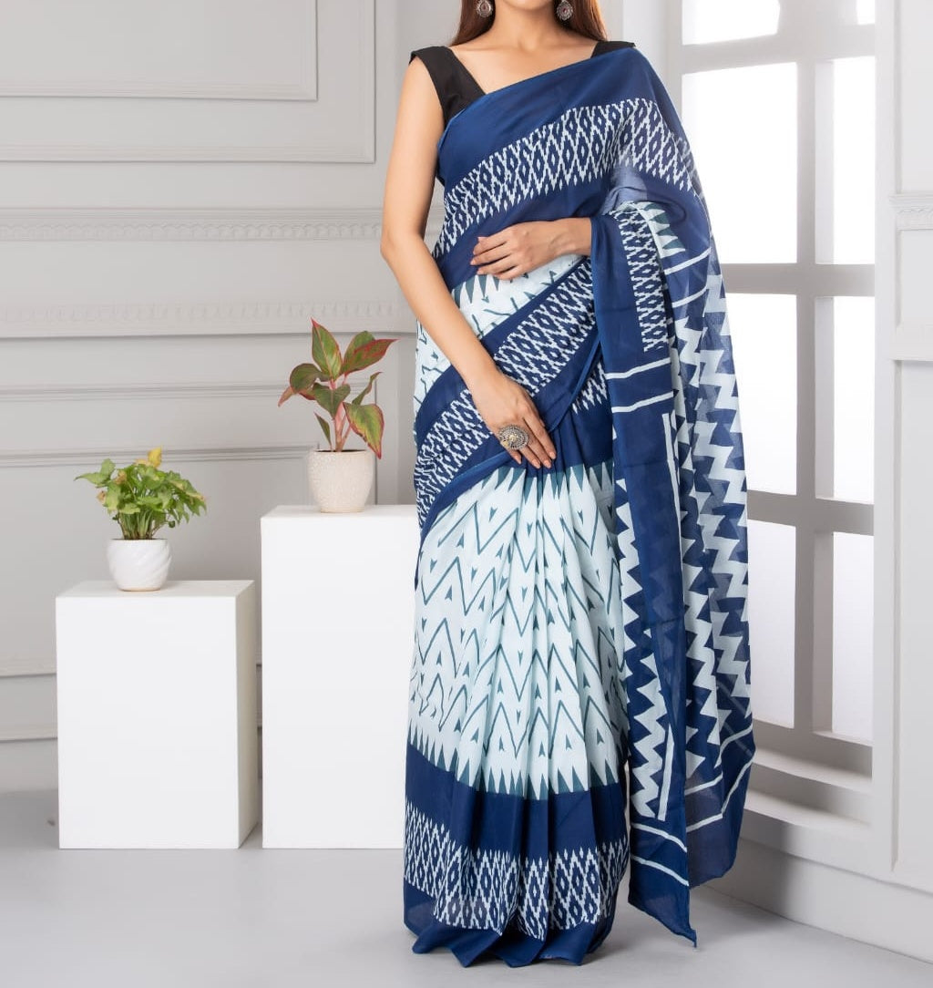 Mira soft cotton sarees- white & blue