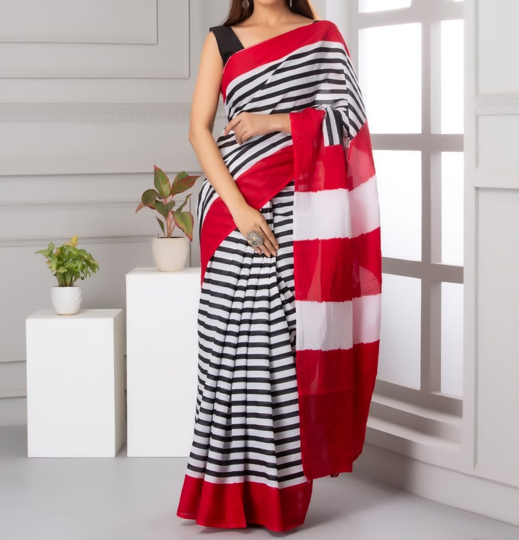 Mira soft cotton sarees- stripes red & white