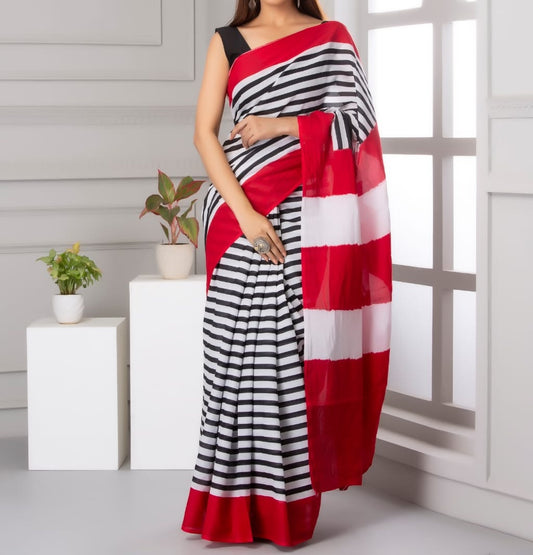 Mira soft cotton sarees- stripes red & white