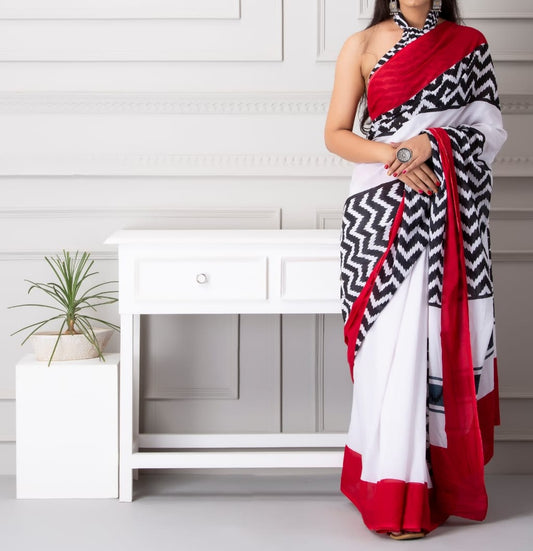 Mira soft cotton sarees-white & red mukam