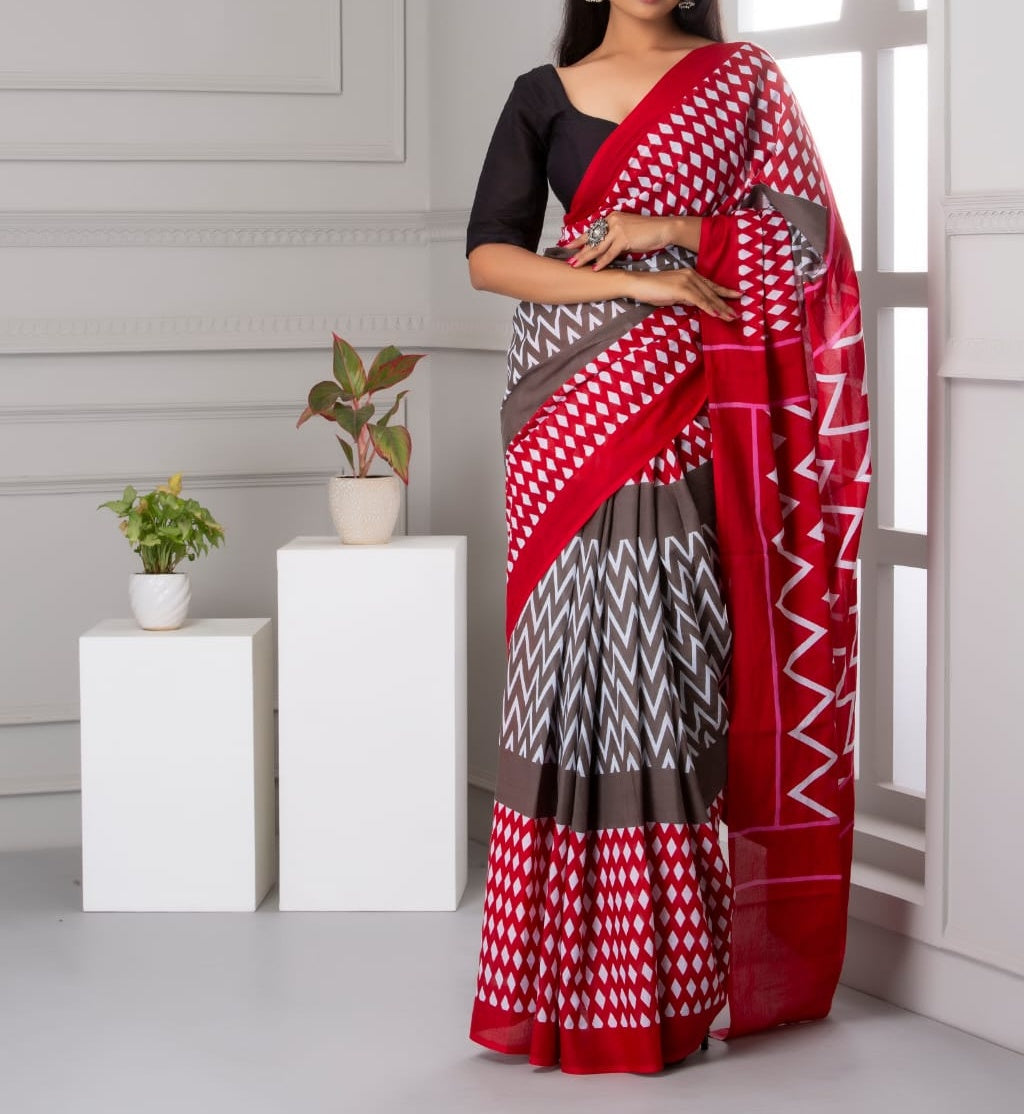 Mira soft cotton sarees- taupe & red waves