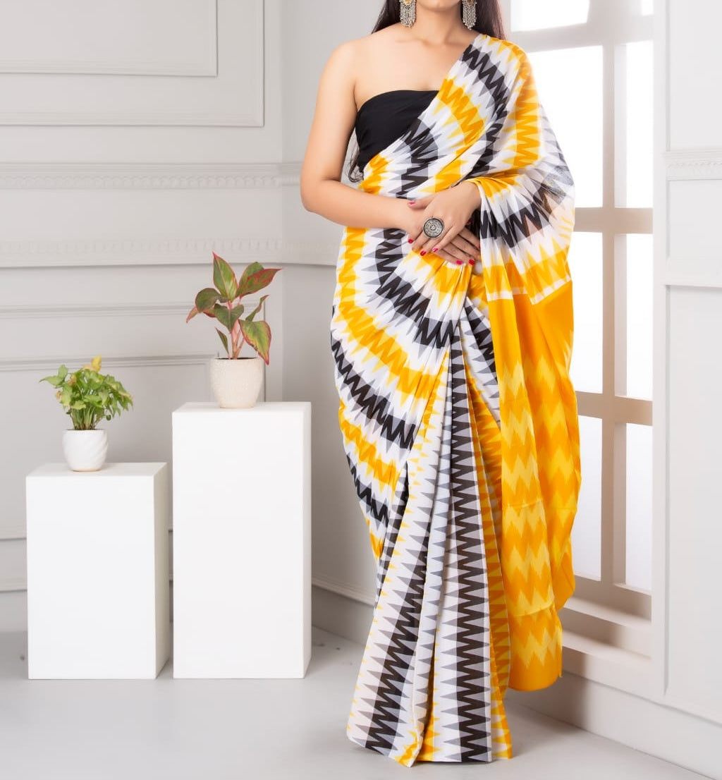 Mira soft cotton sarees- white yellow & grey ikkat triad