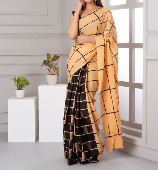 Mira soft cotton sarees- sandal & black checks