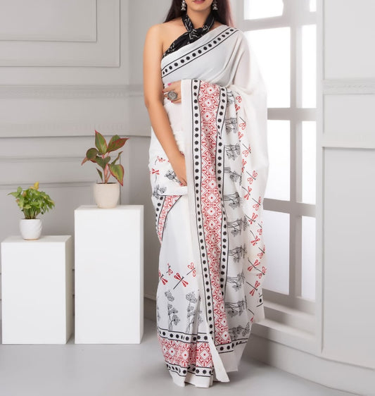 Mira soft cotton sarees- white katha