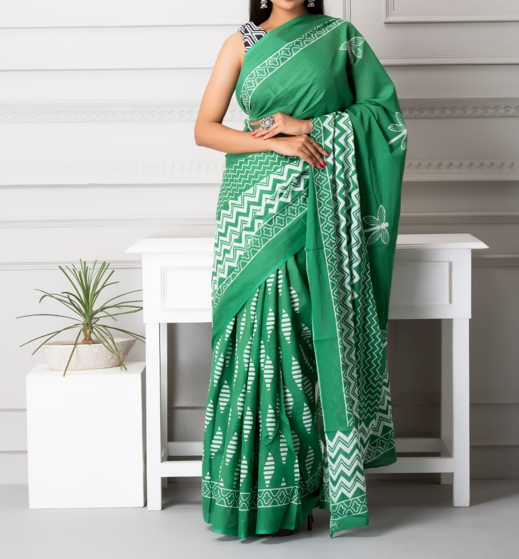 Mira soft cotton sarees- jade dual wave