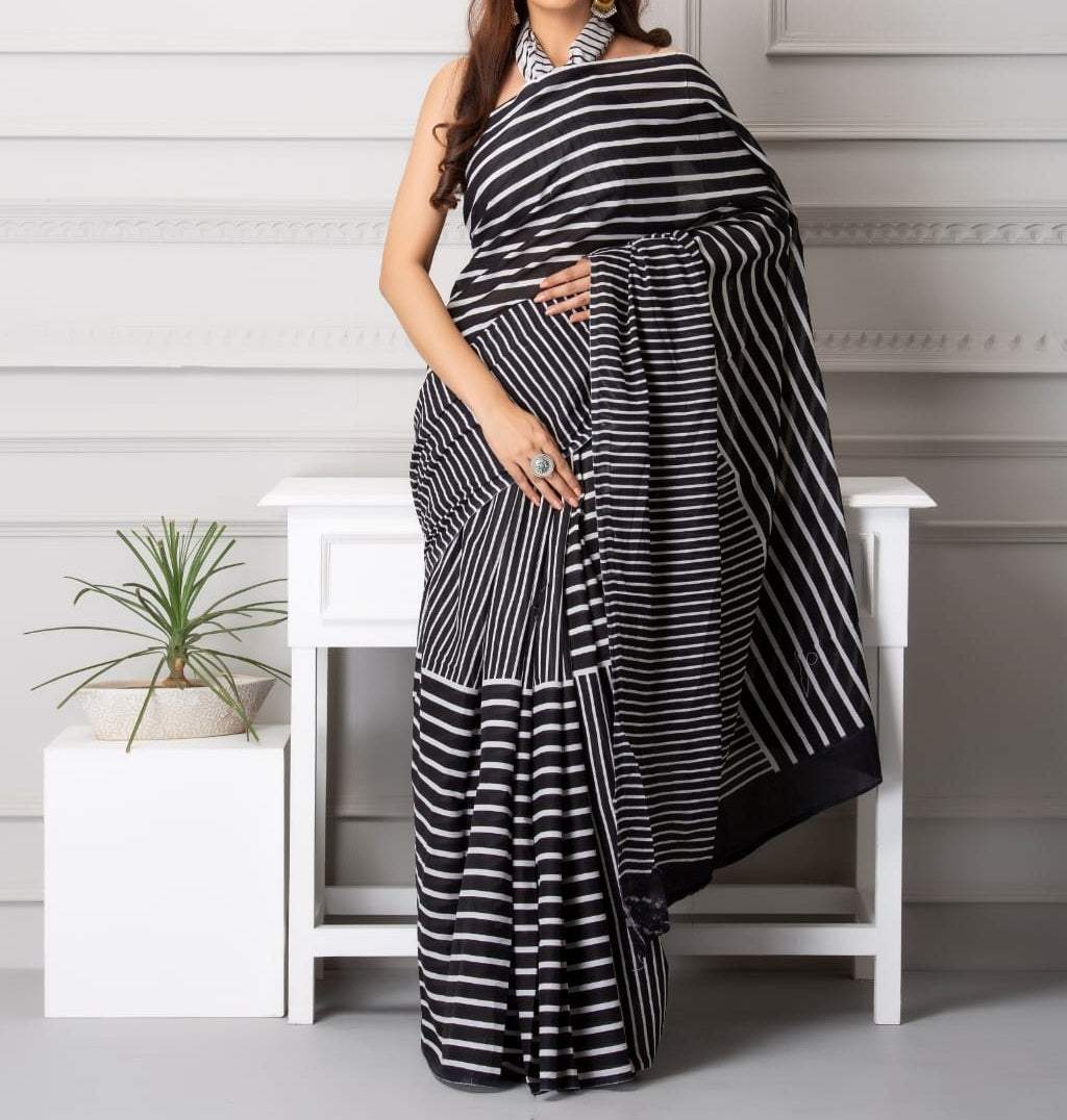 Mira soft cotton sarees- full stripes white in black