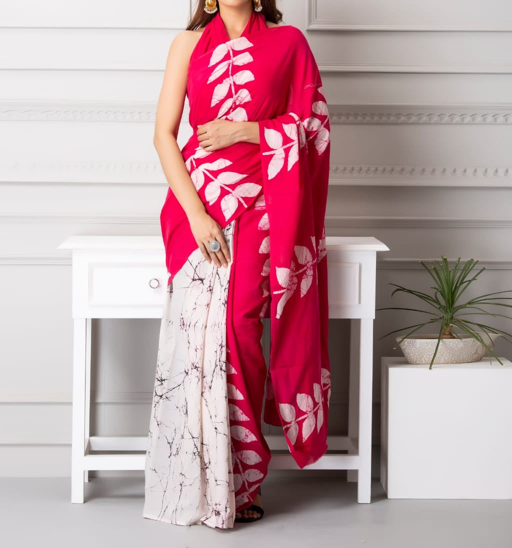 Mira soft cotton sarees- white & pink dual olive leaves