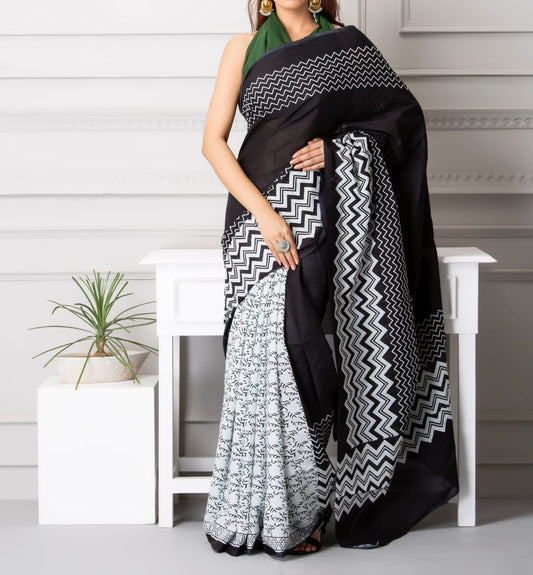 Mira soft cotton sarees- white cross stripes dual