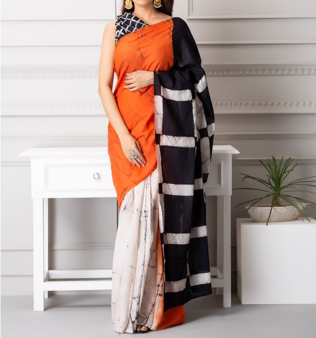 Mira soft cotton sarees-white orange black dual
