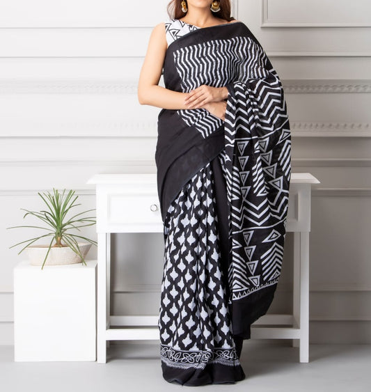 Mira soft cotton sarees-black & white irish dual