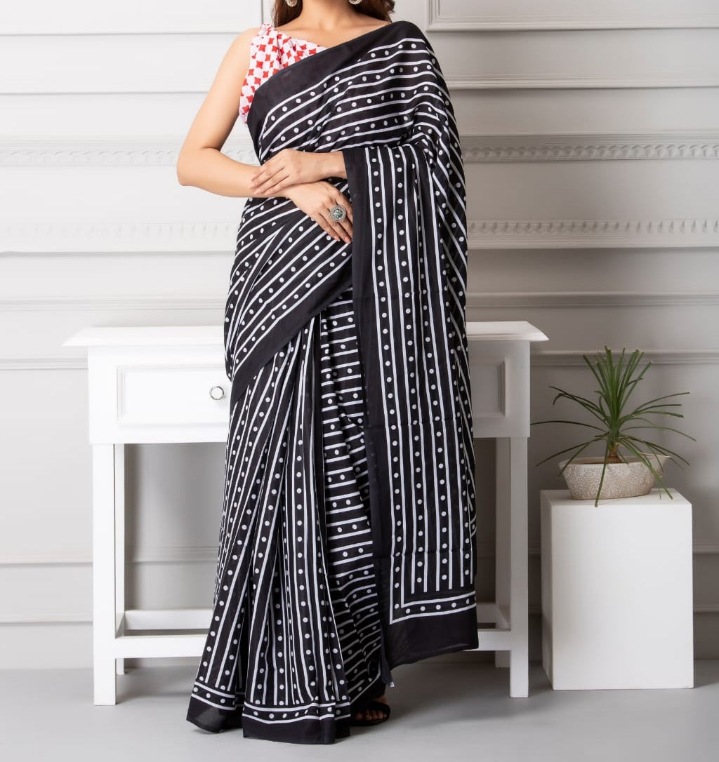 Mira soft cotton sarees- black tribal dots