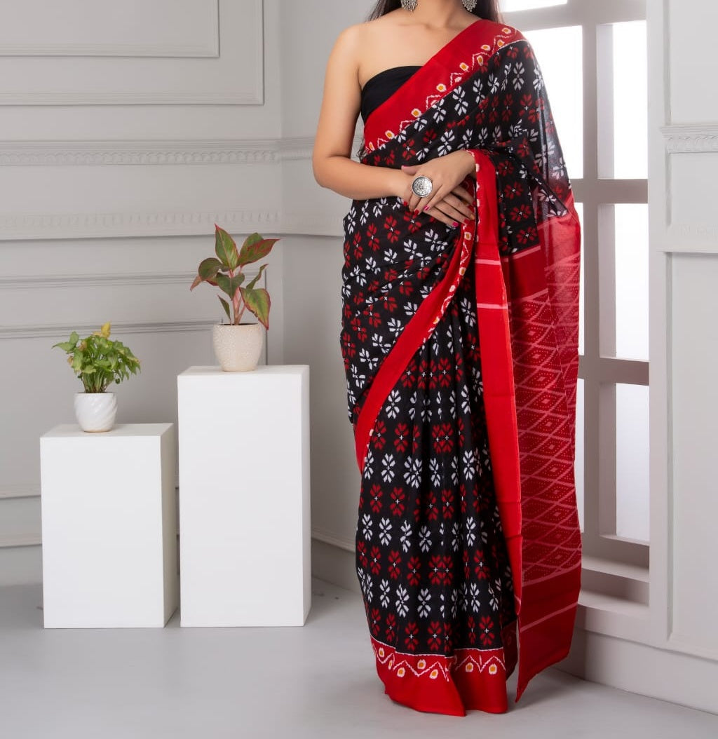 Mira soft cotton sarees-red & black dual