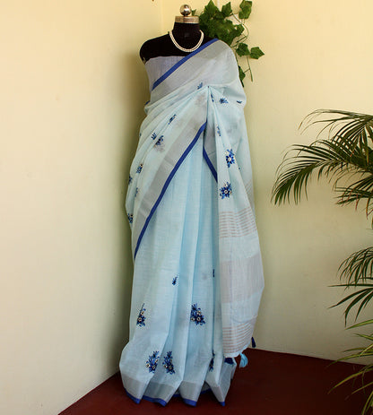 Beautiful Pastel blue linen zari saree