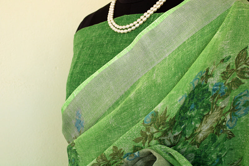Pastel Lush green floral linen cotton saree