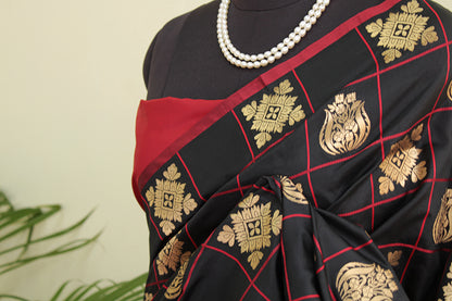 Black & red Soft Silk Checkered Saree