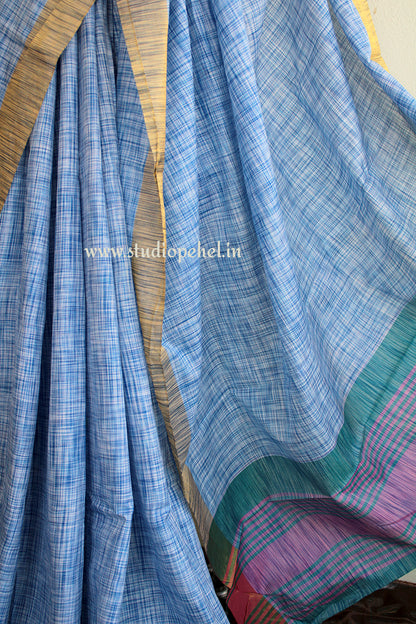Powder blue striped cotton saree