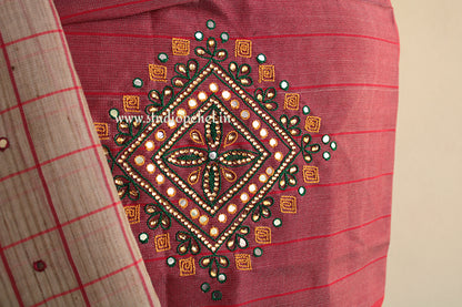 Beige checkered linen cotton saree