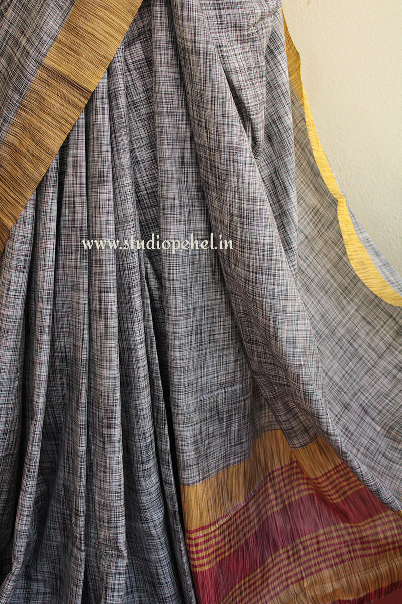Grey striped cotton saree