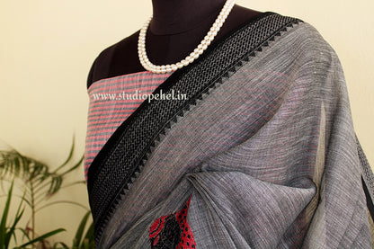 Grey mughul palak embroidered cotton saree