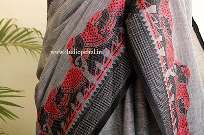 Grey mughul palak embroidered cotton saree