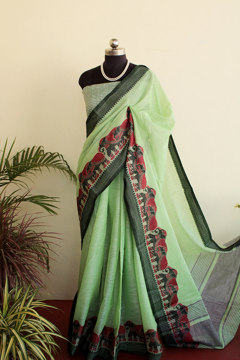 Pastel green mughul palak embroidered cotton saree