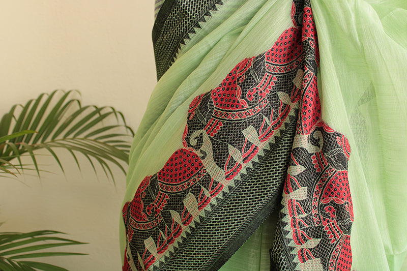 Pastel green mughul palak embroidered cotton saree