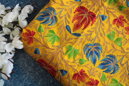 Yellow raw silk phulkari fabric