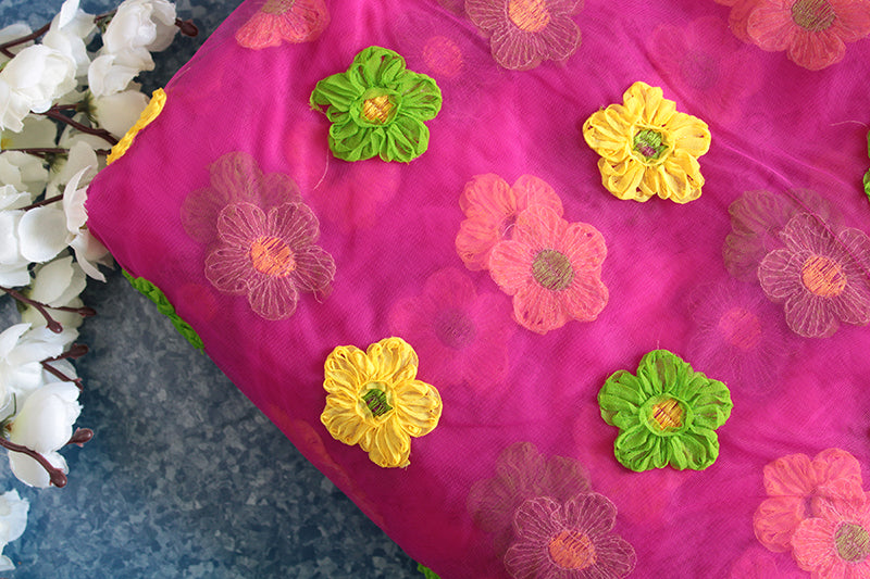 Pink daisy floral embroidered net fabric