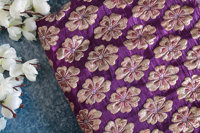 Violet flower silk brocade fabric