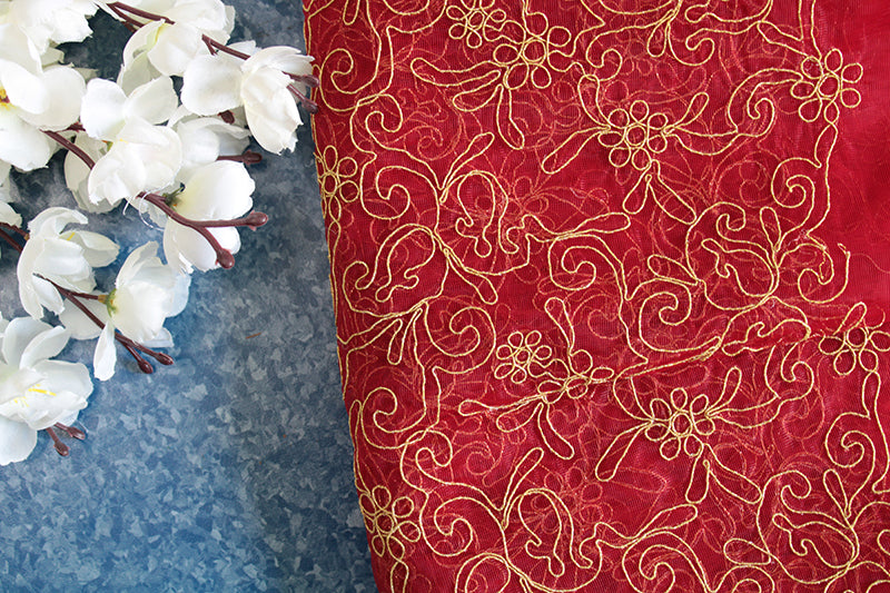 Red gold floral net fabric