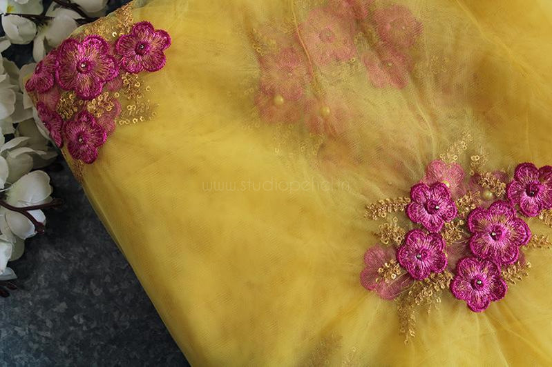 Sunset yellow & pink embroidered net