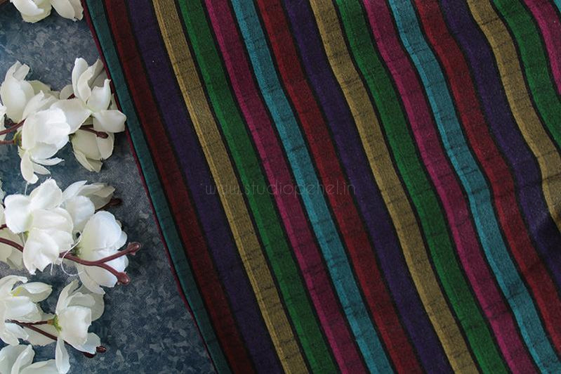 Multi colour striped raw silk fabric