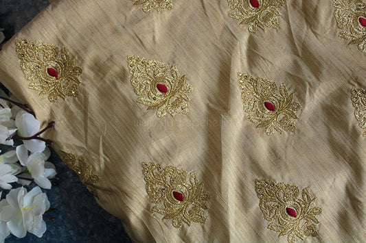 Ivory & red heavy embroidered raw silk fabric