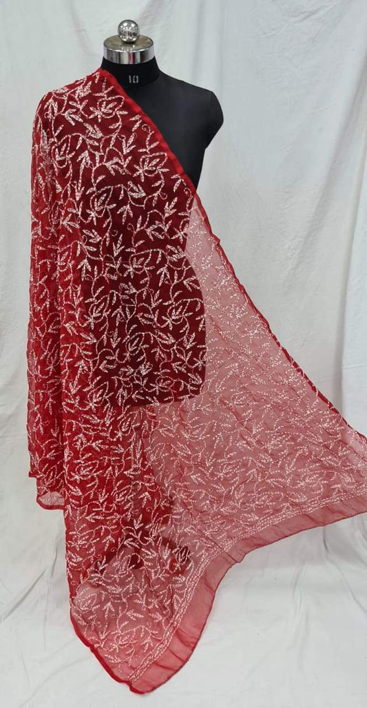 Red Lucknowi Embroidered Dupatta - STUDIO PEHEL 