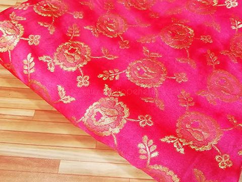 Red /Rose floral velvet heavy brocade fabric - STUDIO PEHEL 