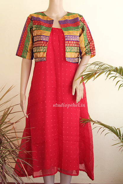 Red  Cotton Net Aline Dress with Shrug