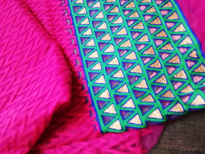 Phulkari rani pink heavy embroidered fabric - STUDIO PEHEL 